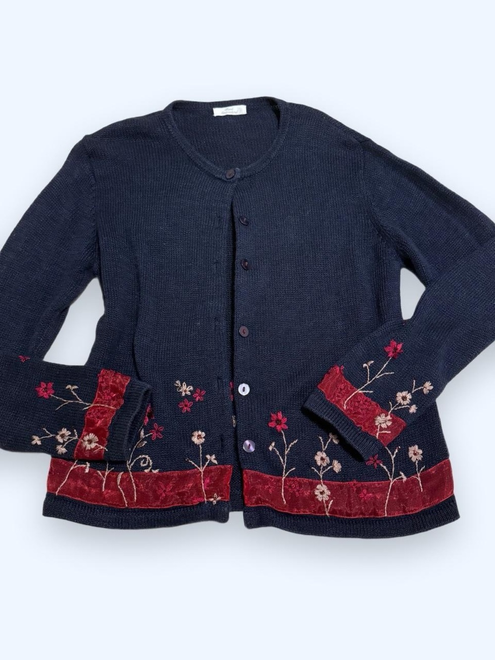 Vintage 2000s Christopher & Banks Navy Cardigan with Burgundy Velvet Floral Trim